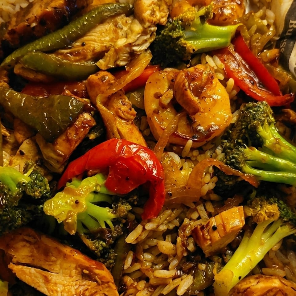 Close-up of a stir-fry dish with shrimp, chicken, broccoli, and bell peppers over rice.