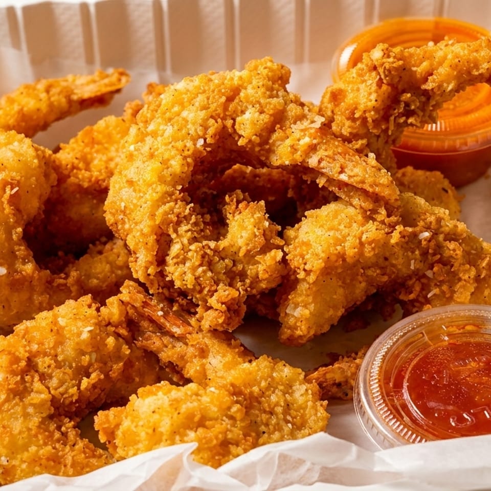 Crispy fried shrimp with two containers of dipping sauce in a white takeout container.