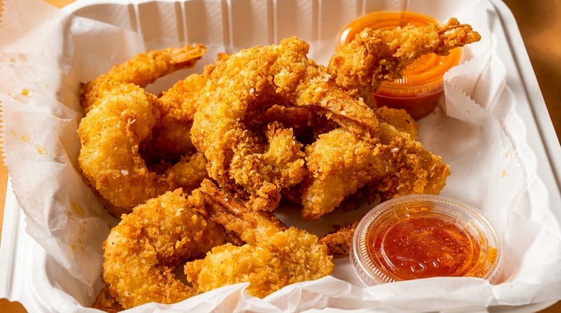 Crispy fried shrimp with two small containers of dipping sauce in a white takeout container.