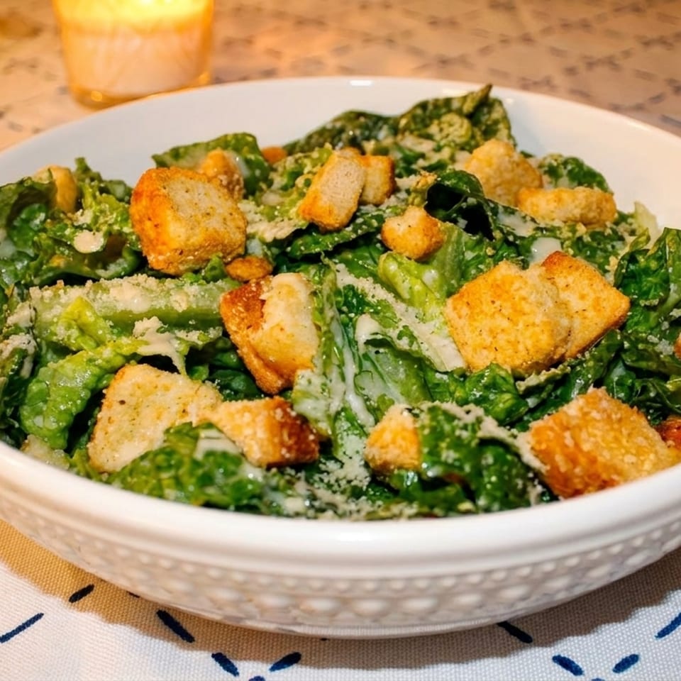 Caesar salad with croutons and parmesan cheese in a white bowl on a patterned tablecloth.