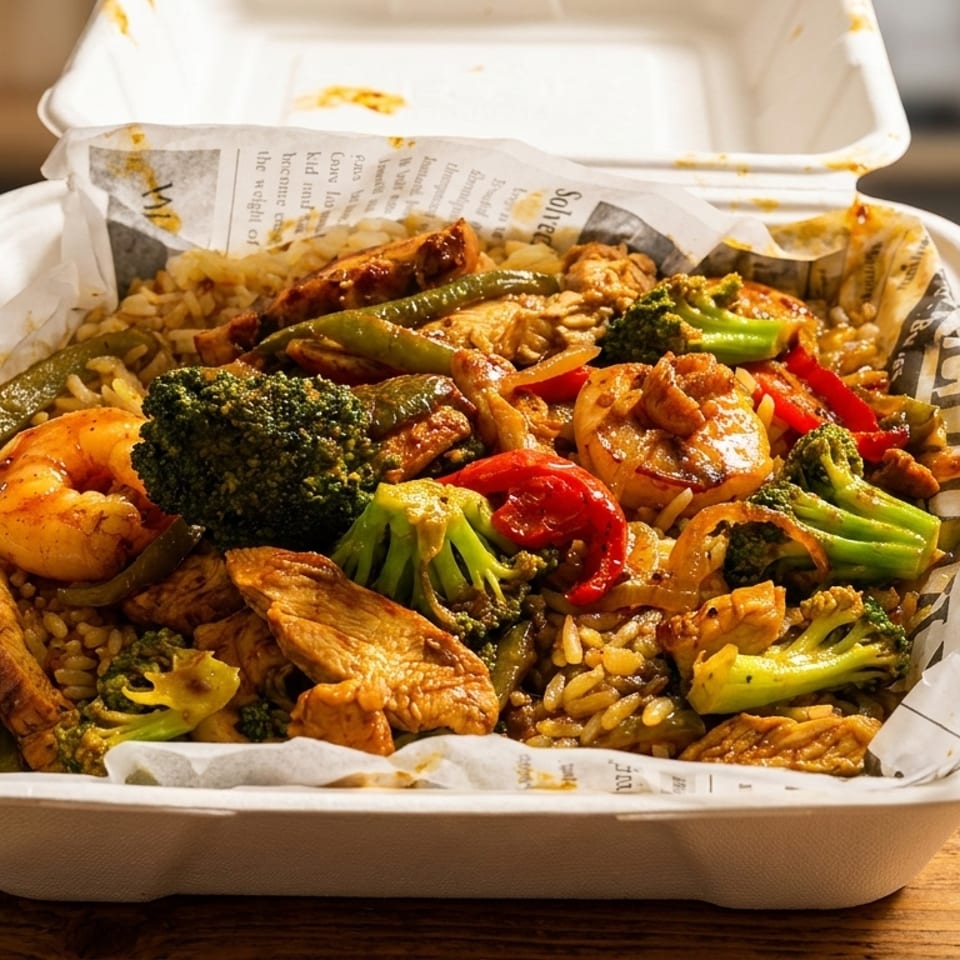 Takeout container filled with stir-fried rice, chicken, shrimp, broccoli, and bell peppers.