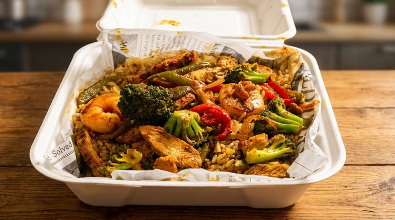 Takeout container filled with stir-fried rice, chicken, shrimp, broccoli, and bell peppers.