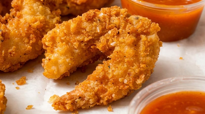 Crispy fried shrimp with golden breading and two small cups of orange dipping sauce.